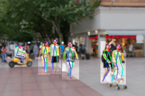 Prever tendências: pessoas andando em rua movimentada enquanto um filtro sobreposto coloca vários conectores coloridos nelas